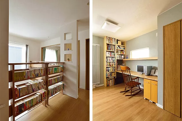 2階ホールやご主人の書斎にも書棚を造作した。